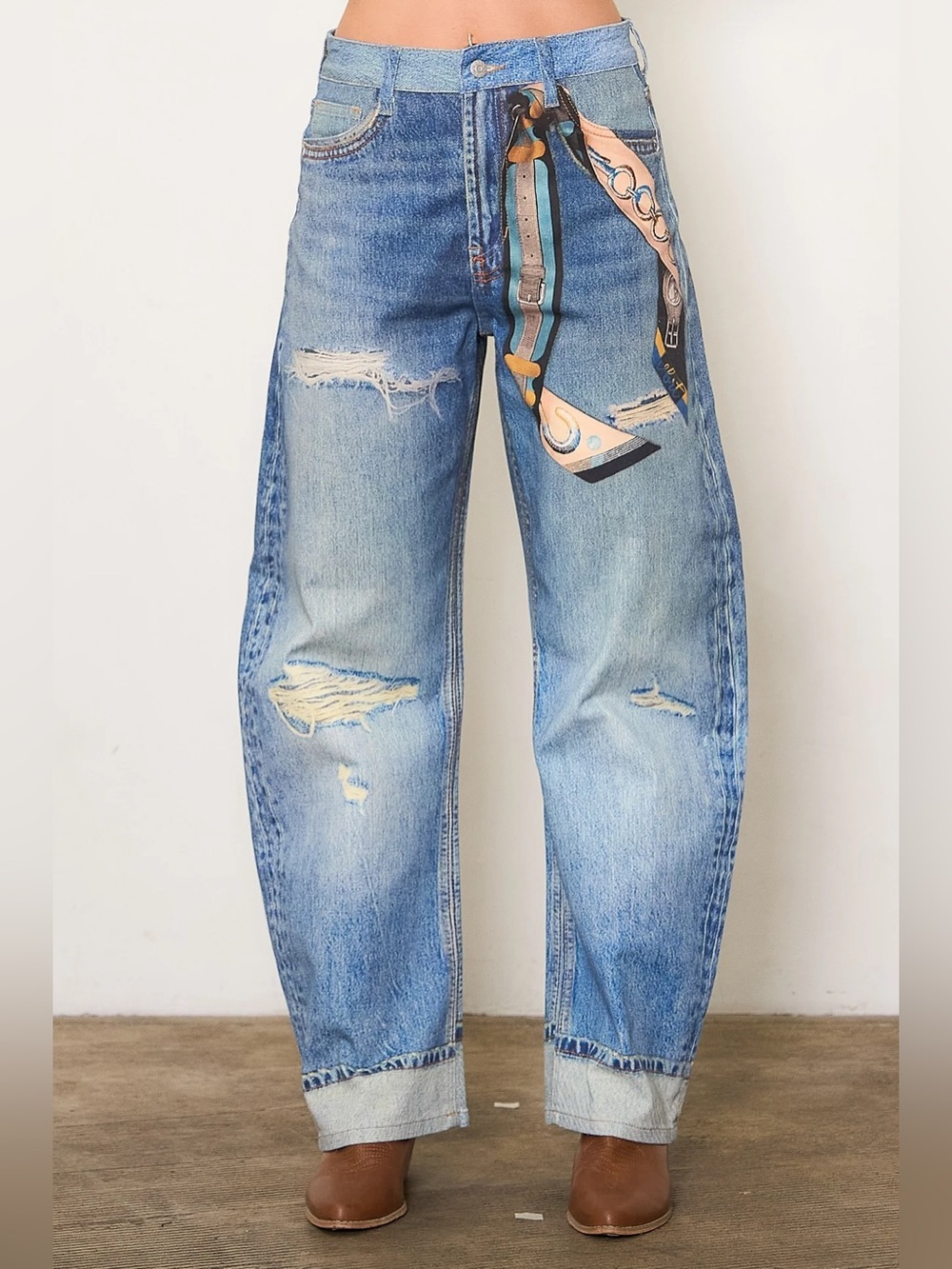 Vibrant M.I.U. Scarf Digital Print Baggy Jeans